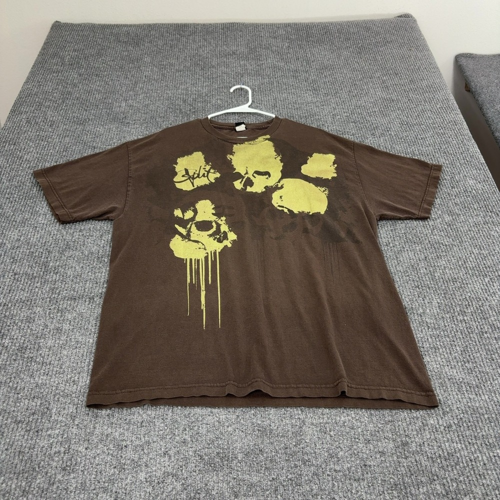Vintage Split T Shirt Mens XL Brown Cotton Skulls Graphic Skater Grunge Y2K